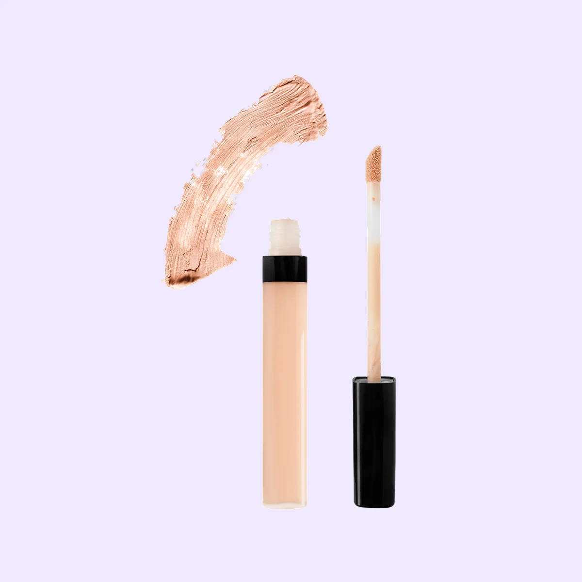 Soft beige concealer tube and a smear on white background