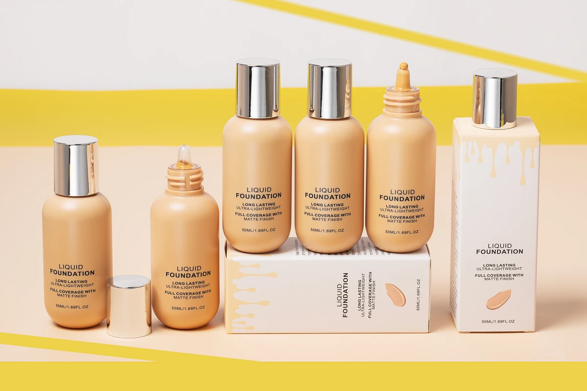 Private Label 12 Color Liquid Foundation featuring waterproof full coverage with a matte finish.